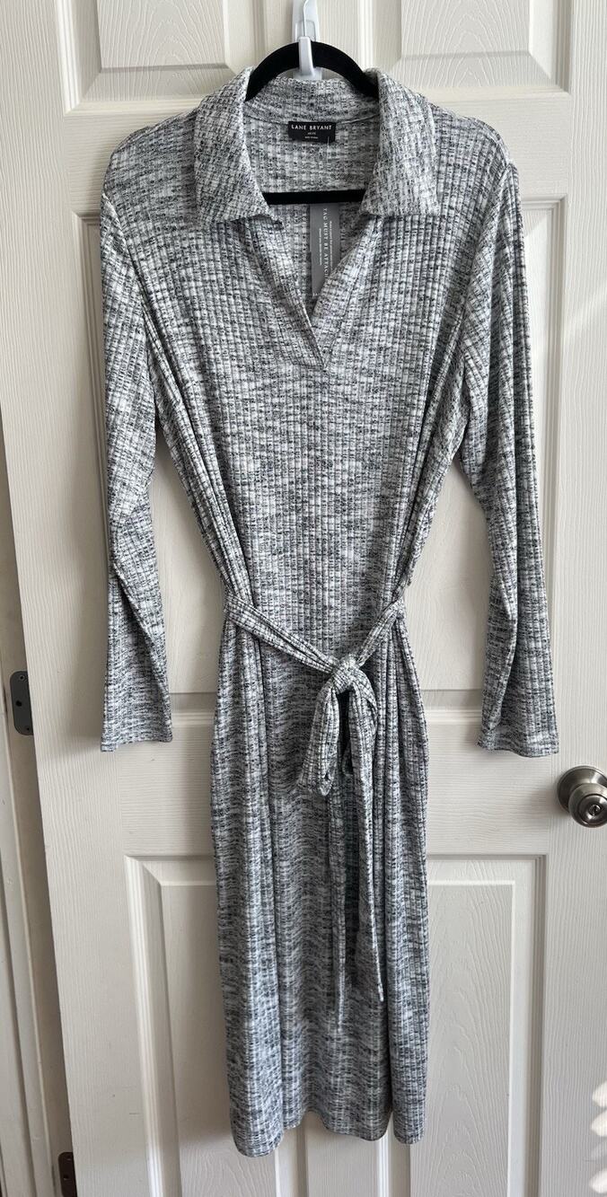 LANE BRYANT Plus 2023 Heather Gray Ribbed Knit Self Tie Midi Dress Sz 18/20 NWT